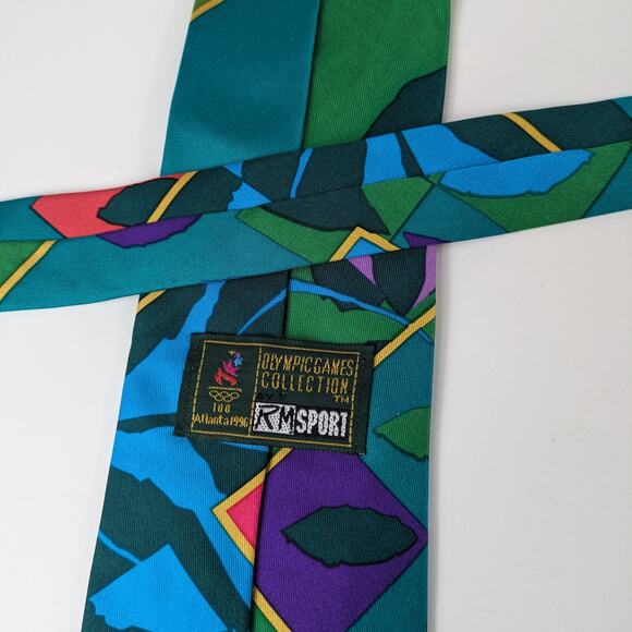 1996 Olympics Mens Necktie Silk Altanta GA Color Block Green Souvenir Official - Picture 5 of 11